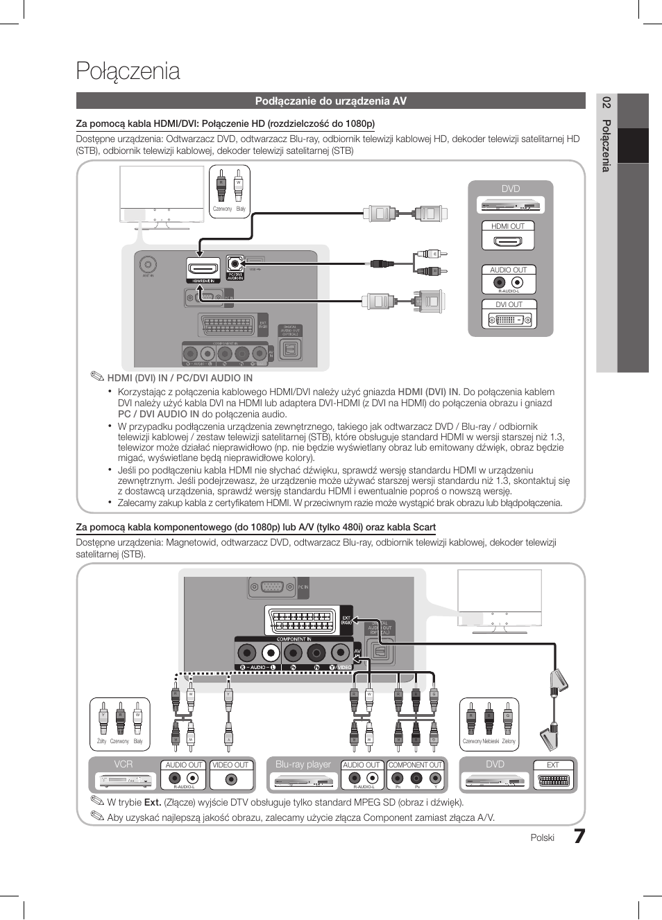 Połączenia, 02 połączenia, Podłączanie do urządzenia av | Polski, Blu-ray player dvd vcr | Samsung LE26C350D1W User Manual | Page 73 / 331