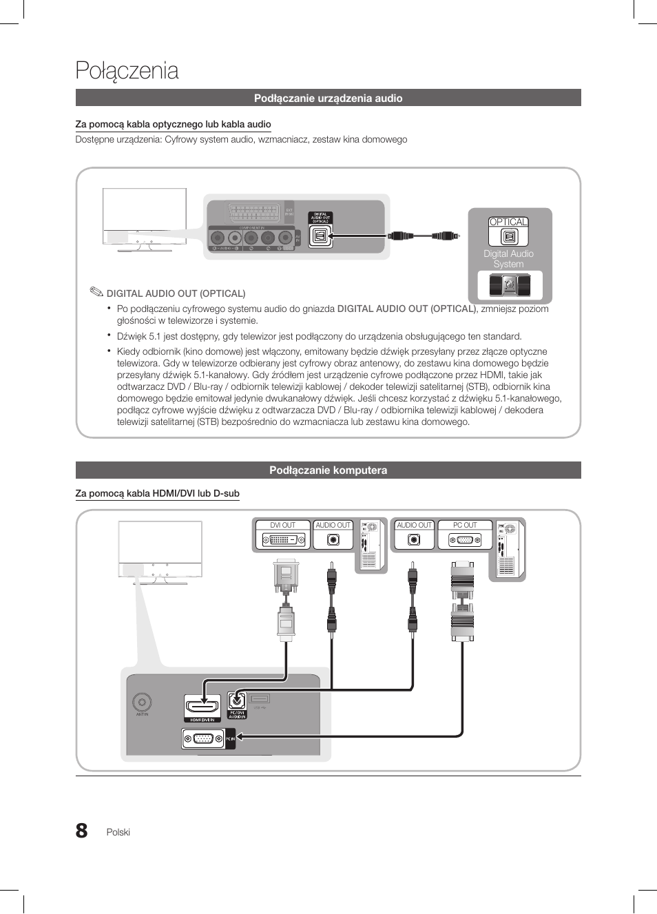 Połączenia, Podłączanie urządzenia audio, Podłączanie komputera | Samsung LE26C350D1W User Manual | Page 74 / 331