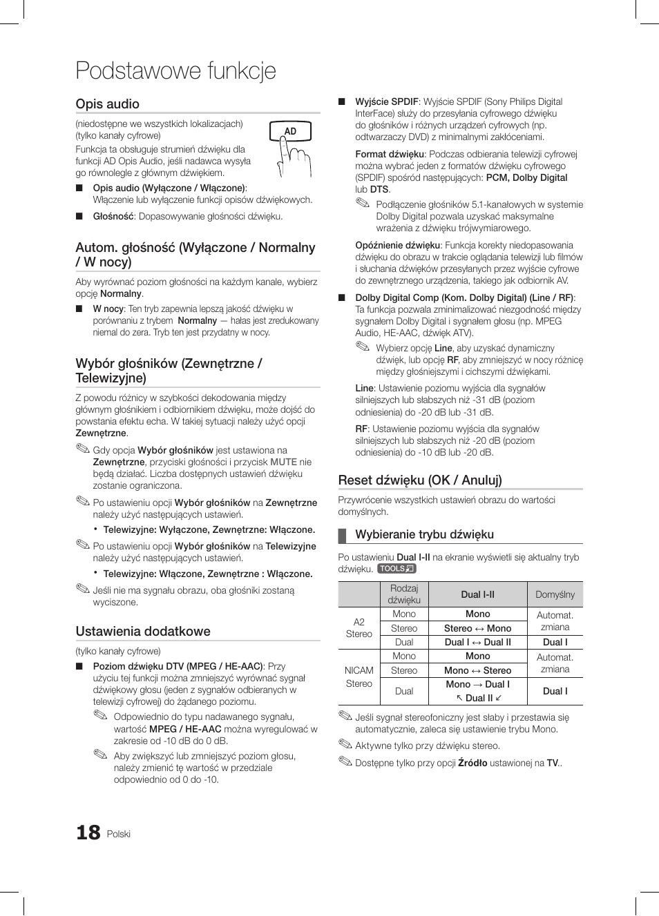 Podstawowe funkcje, Opis audio, Autom. głośność (wyłączone / normalny / w nocy) | Wybór głośników (zewnętrzne / telewizyjne), Ustawienia dodatkowe, Reset dźwięku (ok / anuluj) | Samsung LE26C350D1W User Manual | Page 84 / 331