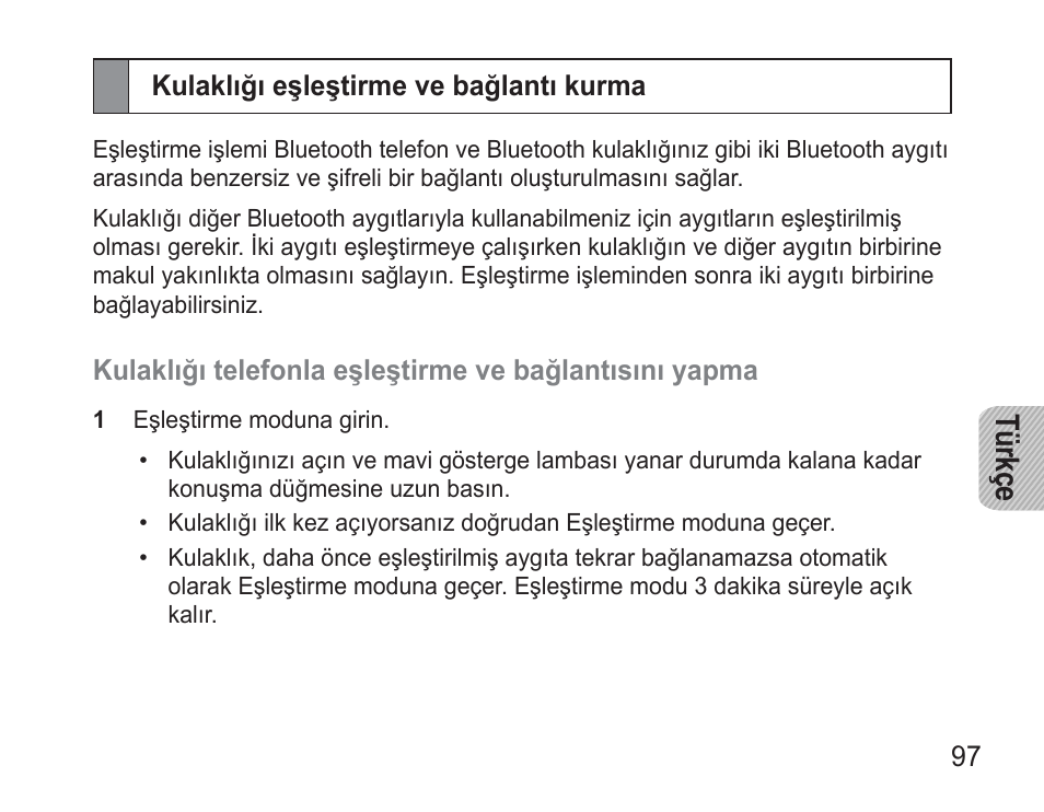 Kulaklığı eşleştirme ve bağlantı kurma, Tü rkç e | Samsung BHM3500 User Manual | Page 100 / 173