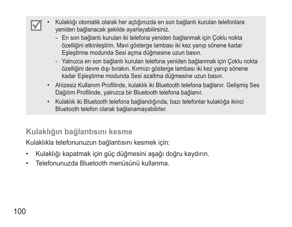 Kulaklığın bağlantısını kesme | Samsung BHM3500 User Manual | Page 103 / 173