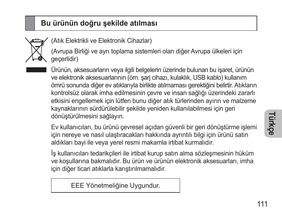 Bu ürünün doğru şekilde atılması, Tü rkç e | Samsung BHM3500 User Manual | Page 114 / 173