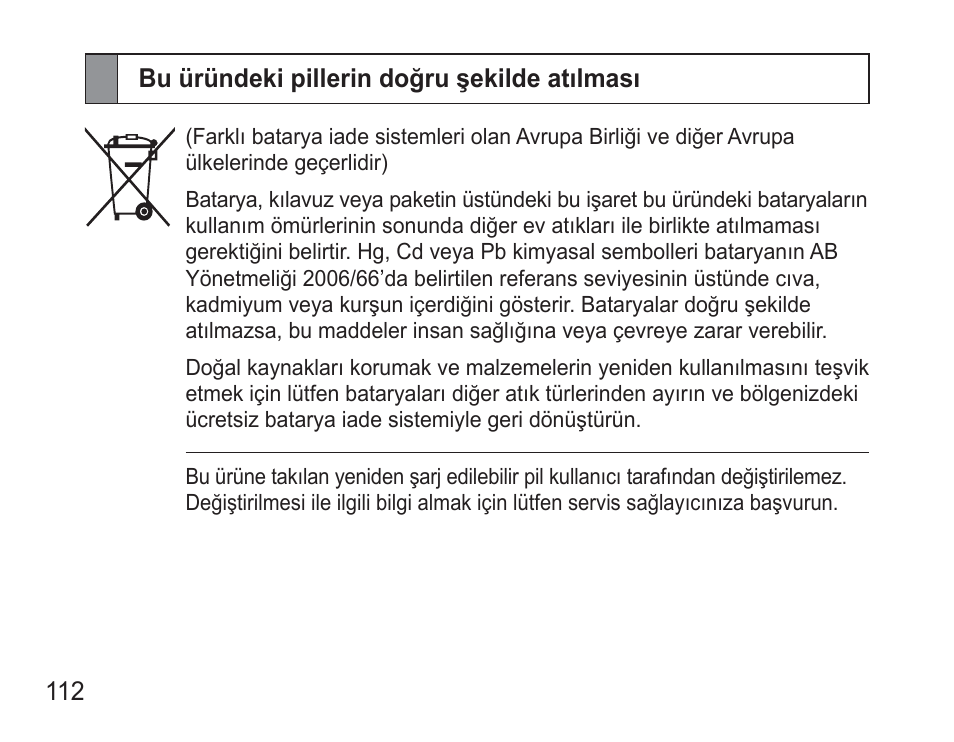 Bu üründeki pillerin doğru şekilde atılması | Samsung BHM3500 User Manual | Page 115 / 173