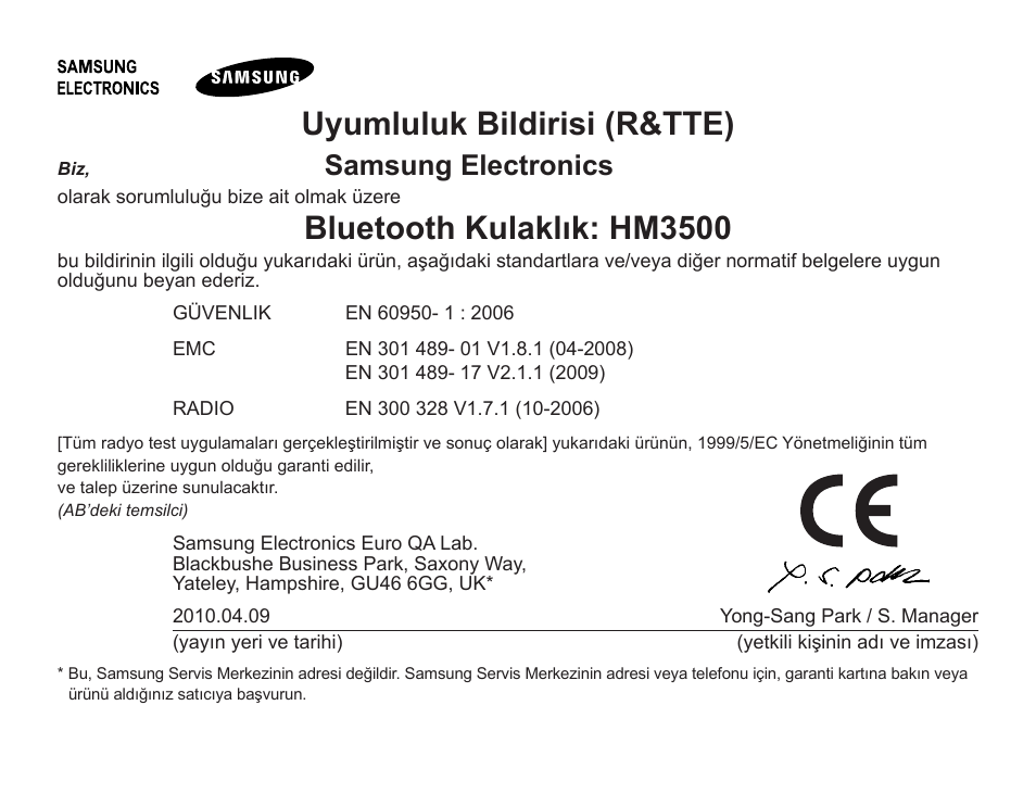 Uyumluluk bildirisi (r&tte), Bluetooth kulaklık: hm3500, Samsung.electronics | Samsung BHM3500 User Manual | Page 117 / 173