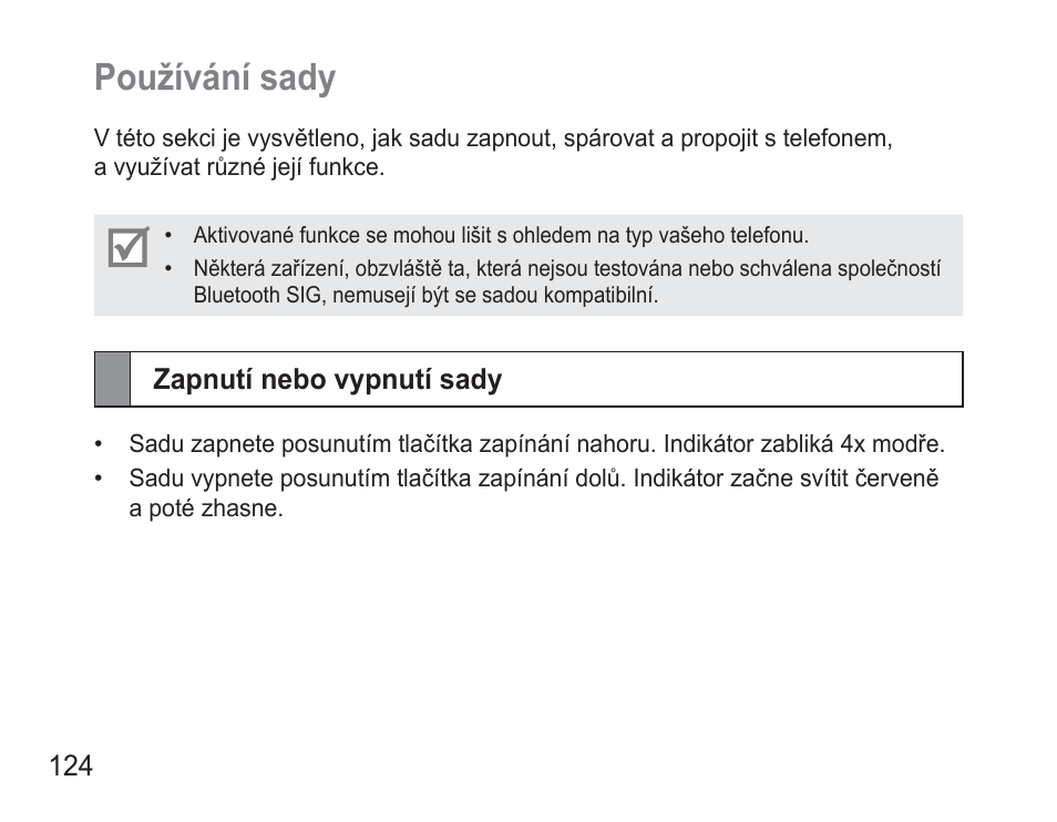 Používání sady, Zapnutí nebo vypnutí sady | Samsung BHM3500 User Manual | Page 127 / 173