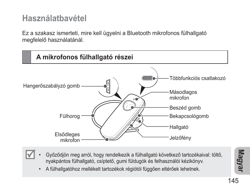 Használatbavétel, A mikrofonos fülhallgató részei, Ma gy ar | Samsung BHM3500 User Manual | Page 148 / 173