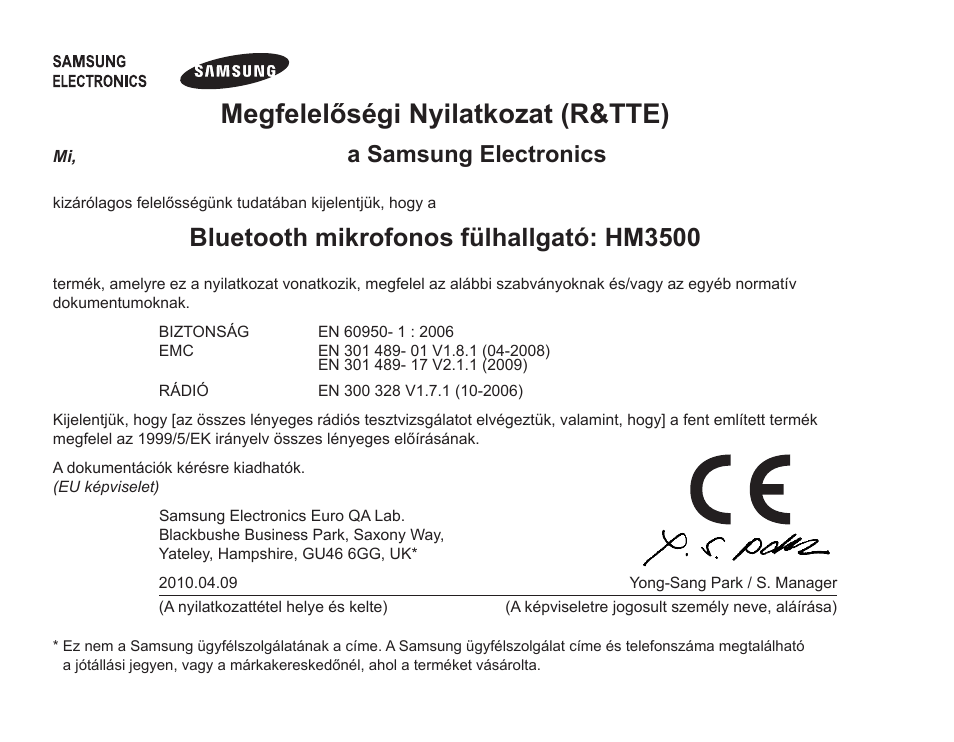 Megfelelőségi nyilatkozat (r&tte), Bluetooth mikrofonos fülhallgató: hm3500, A.samsung.electronics | Samsung BHM3500 User Manual | Page 173 / 173