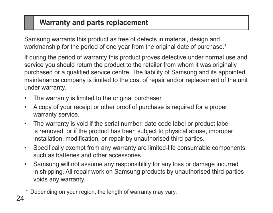 Warranty and parts replacement | Samsung BHM3500 User Manual | Page 27 / 173