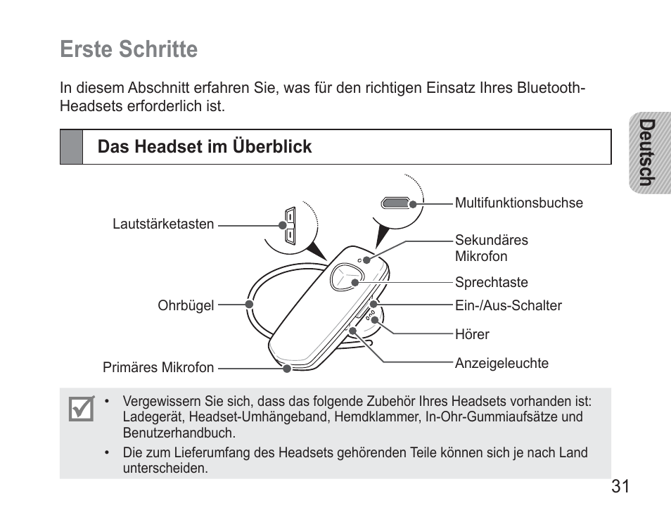 Erste schritte, Das headset im überblick, Erste.schritte | De uts ch | Samsung BHM3500 User Manual | Page 34 / 173