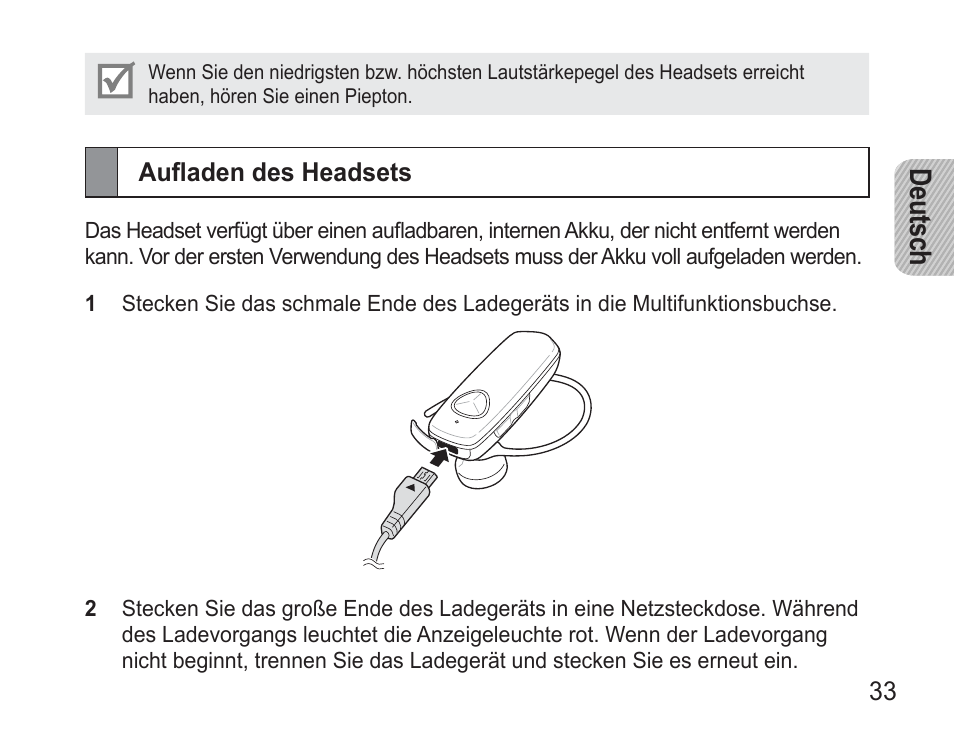 Aufladen des headsets, De uts ch | Samsung BHM3500 User Manual | Page 36 / 173
