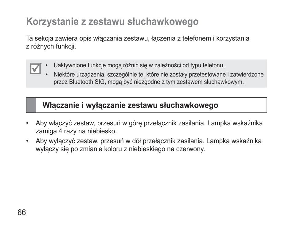 Korzystanie z zestawu słuchawkowego, Włączanie i wyłączanie zestawu słuchawkowego | Samsung BHM3500 User Manual | Page 69 / 173