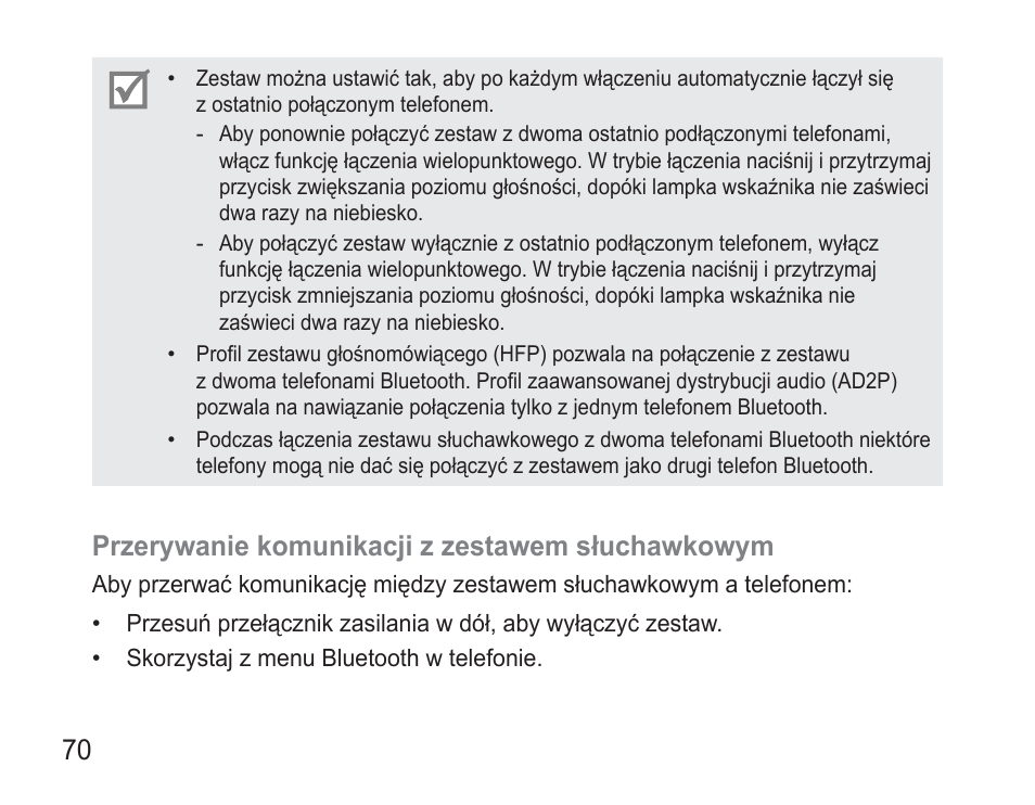 Przerywanie komunikacji z zestawem słuchawkowym | Samsung BHM3500 User Manual | Page 73 / 173