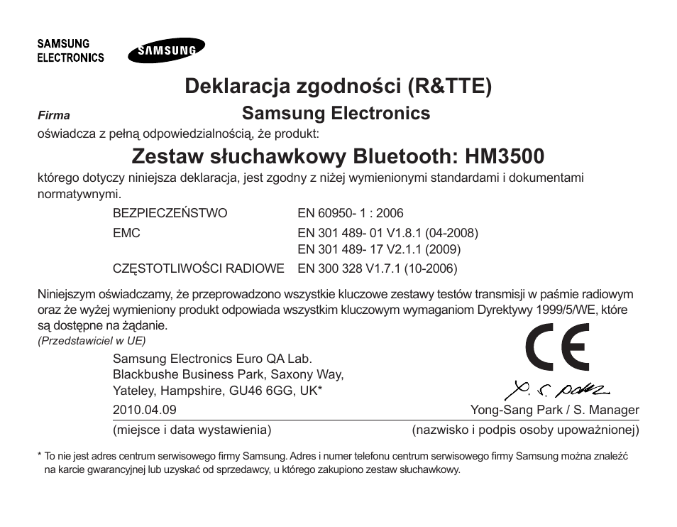 Deklaracja zgodności (r&tte), Zestaw słuchawkowy bluetooth: hm3500, Samsung.electronics | Samsung BHM3500 User Manual | Page 88 / 173