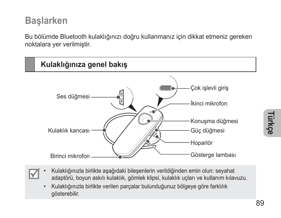 Başlarken, Kulaklığınıza genel bakış, Tü rkç e | Samsung BHM3500 User Manual | Page 92 / 173