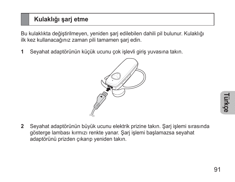 Kulaklığı şarj etme, Tü rkç e | Samsung BHM3500 User Manual | Page 94 / 173