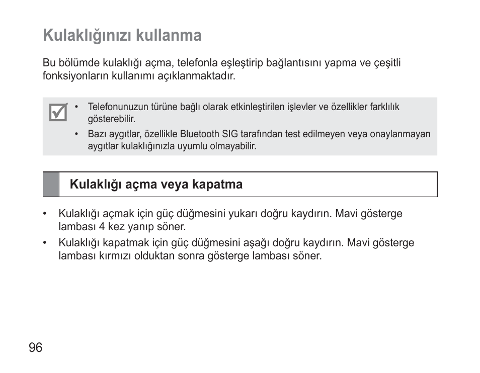 Kulaklığınızı kullanma, Kulaklığı açma veya kapatma | Samsung BHM3500 User Manual | Page 99 / 173