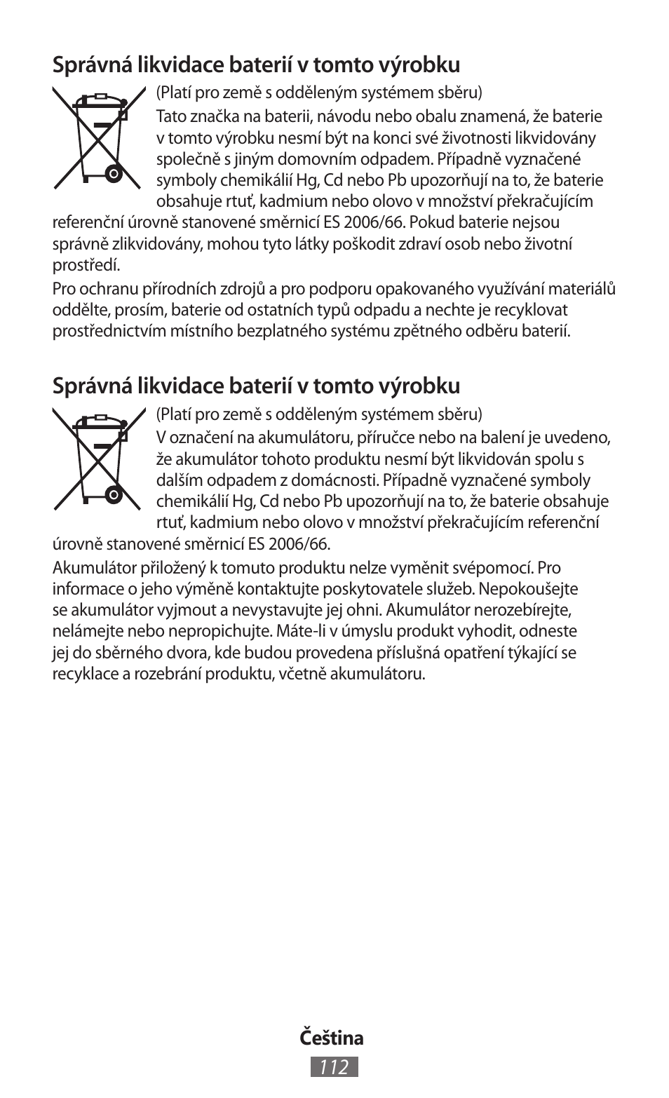 Správná likvidace baterií v tomto výrobku | Samsung GT-N5110 User Manual | Page 113 / 558