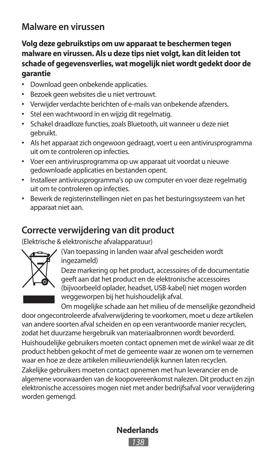 Malware en virussen, Correcte verwijdering van dit product | Samsung GT-N5110 User Manual | Page 139 / 558