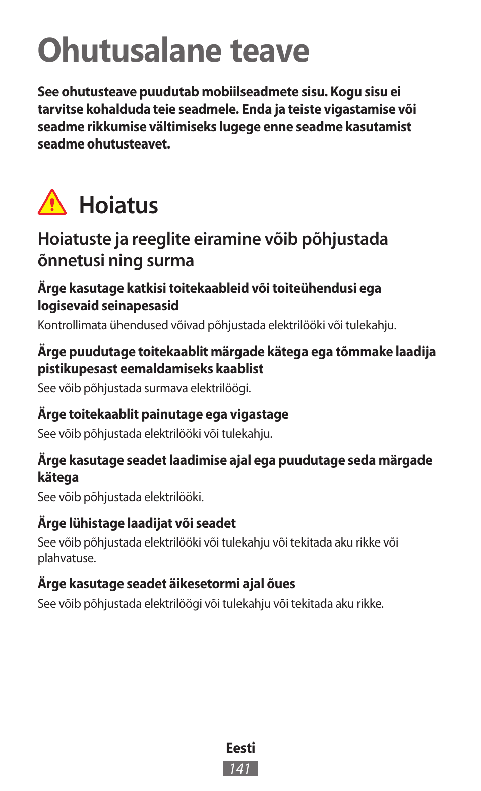 Eesti, Ohutusalane teave, Hoiatus | Samsung GT-N5110 User Manual | Page 142 / 558