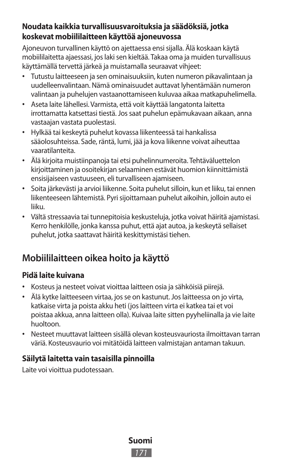 Mobiililaitteen oikea hoito ja käyttö | Samsung GT-N5110 User Manual | Page 172 / 558