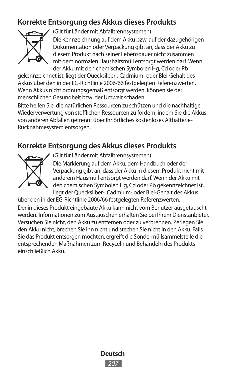 Korrekte entsorgung des akkus dieses produkts | Samsung GT-N5110 User Manual | Page 208 / 558