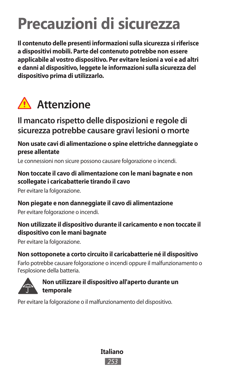 Italiano, Precauzioni di sicurezza, Attenzione | Samsung GT-N5110 User Manual | Page 254 / 558
