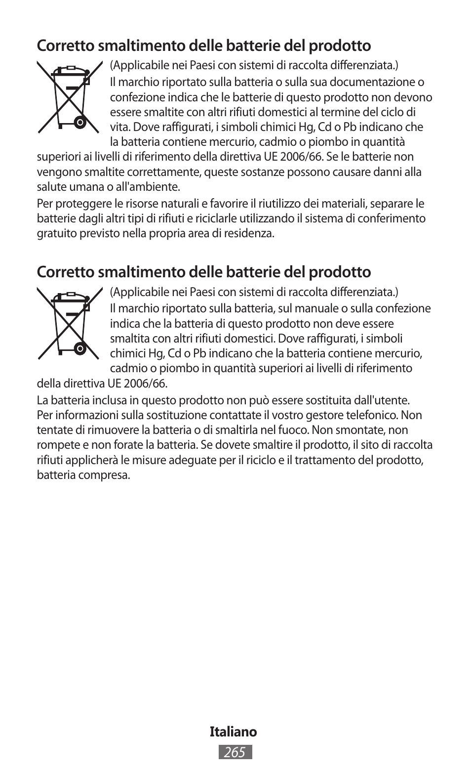 Corretto smaltimento delle batterie del prodotto | Samsung GT-N5110 User Manual | Page 266 / 558