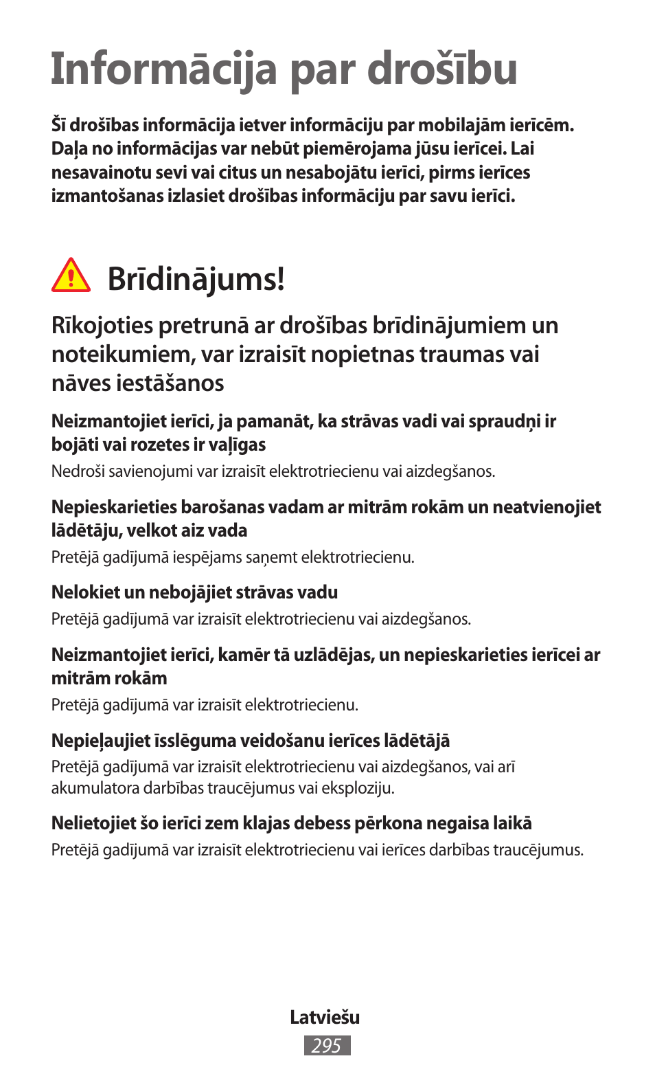 Latviešu, Informācija par drošību, Brīdinājums | Samsung GT-N5110 User Manual | Page 296 / 558