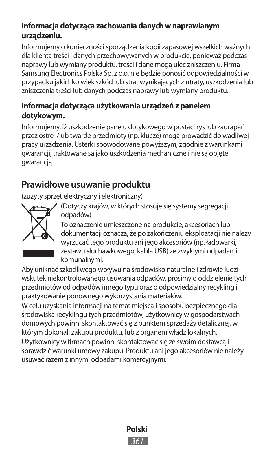 Prawidłowe usuwanie produktu | Samsung GT-N5110 User Manual | Page 362 / 558