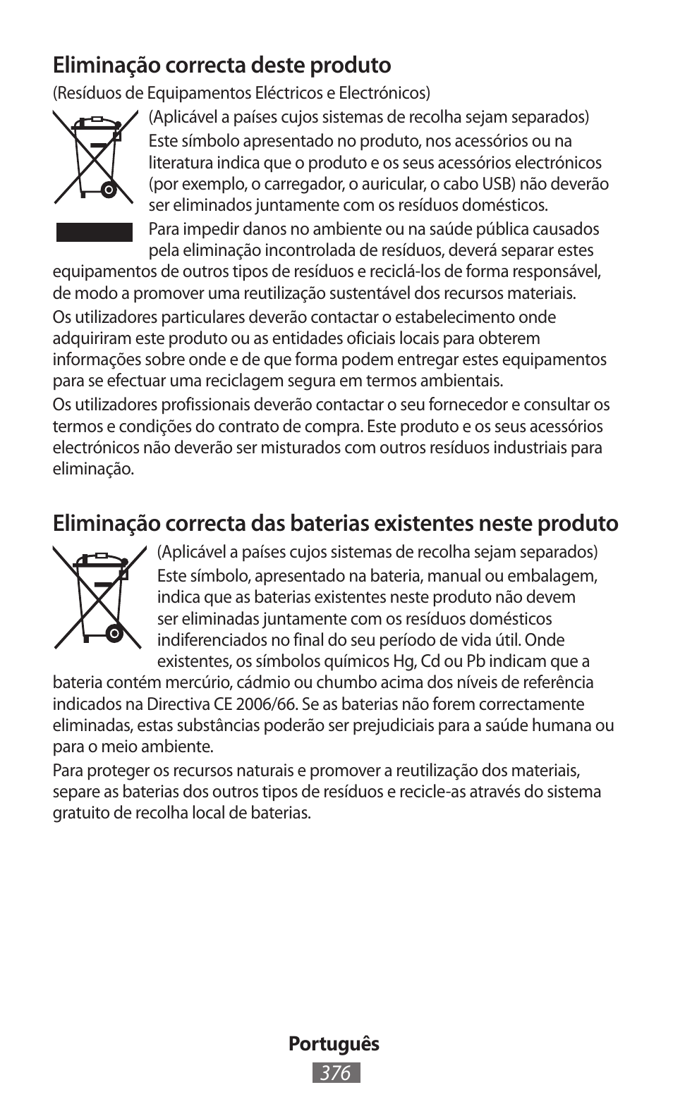 Eliminação correcta deste produto | Samsung GT-N5110 User Manual | Page 377 / 558