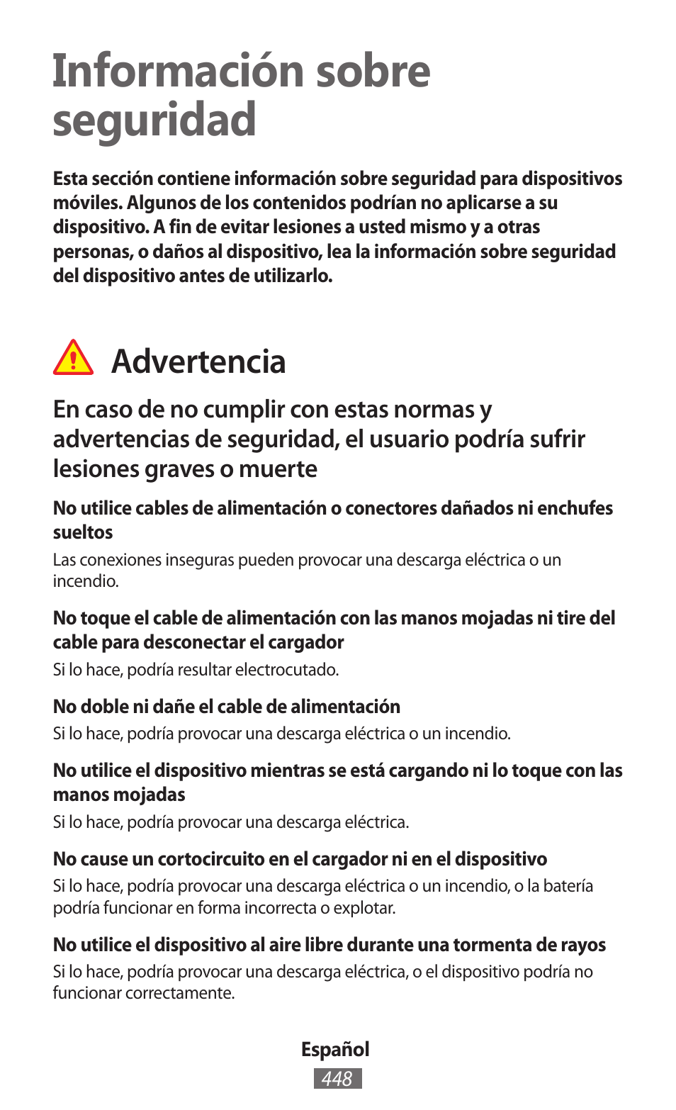 Español, Información sobre seguridad, Advertencia | Samsung GT-N5110 User Manual | Page 449 / 558