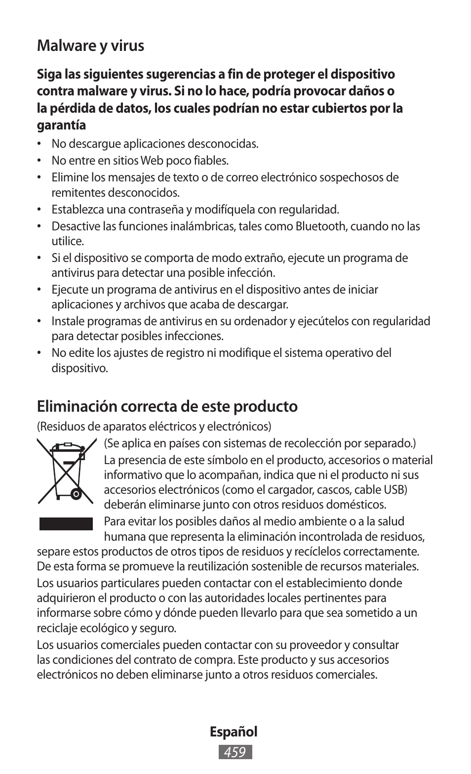 Malware y virus, Eliminación correcta de este producto | Samsung GT-N5110 User Manual | Page 460 / 558