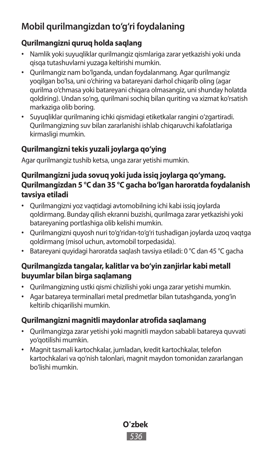 Mobil qurilmangizdan to‘g‘ri foydalaning | Samsung GT-N5110 User Manual | Page 537 / 558