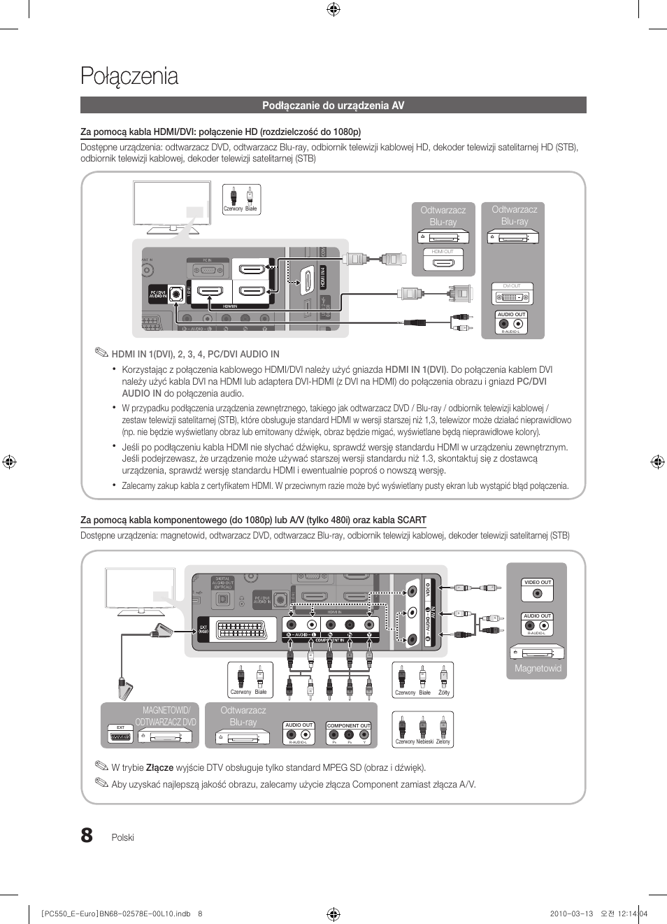 Połączenia, Podłączanie do urządzenia av, Polski | Hdmi in 1(dvi), 2, 3, 4, pc/dvi audio in, Magnetowid odtwarzacz blu-ray, Magnetowid/ odtwarzacz dvd, Odtwarzacz blu-ray odtwarzacz blu-ray | Samsung PS50C550G1W User Manual | Page 108 / 501