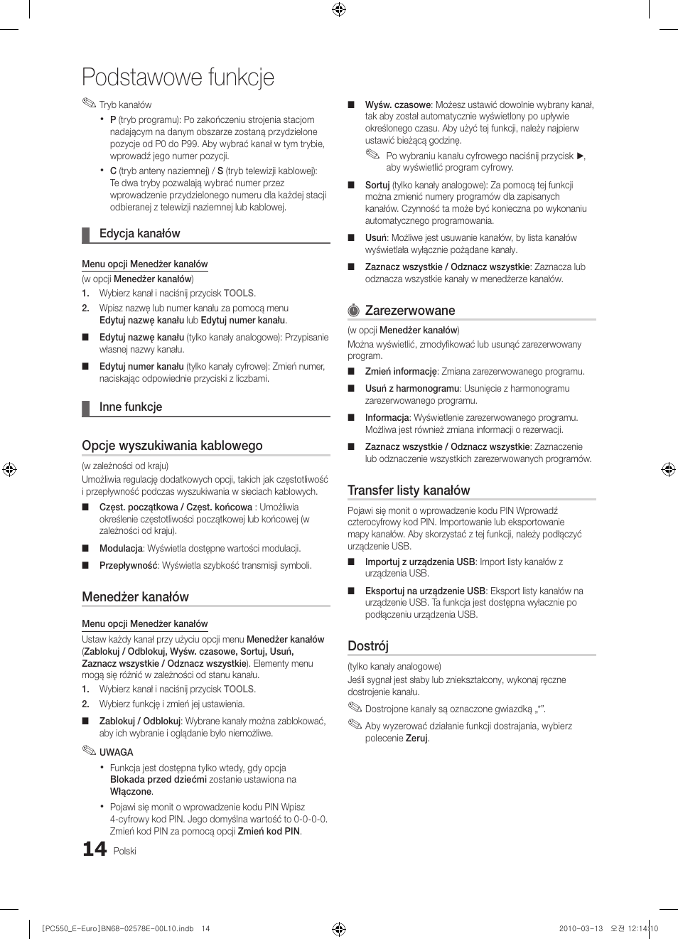 Podstawowe funkcje, Opcje wyszukiwania kablowego, Menedżer kanałów | Zarezerwowane, Transfer listy kanałów, Dostrój | Samsung PS50C550G1W User Manual | Page 114 / 501