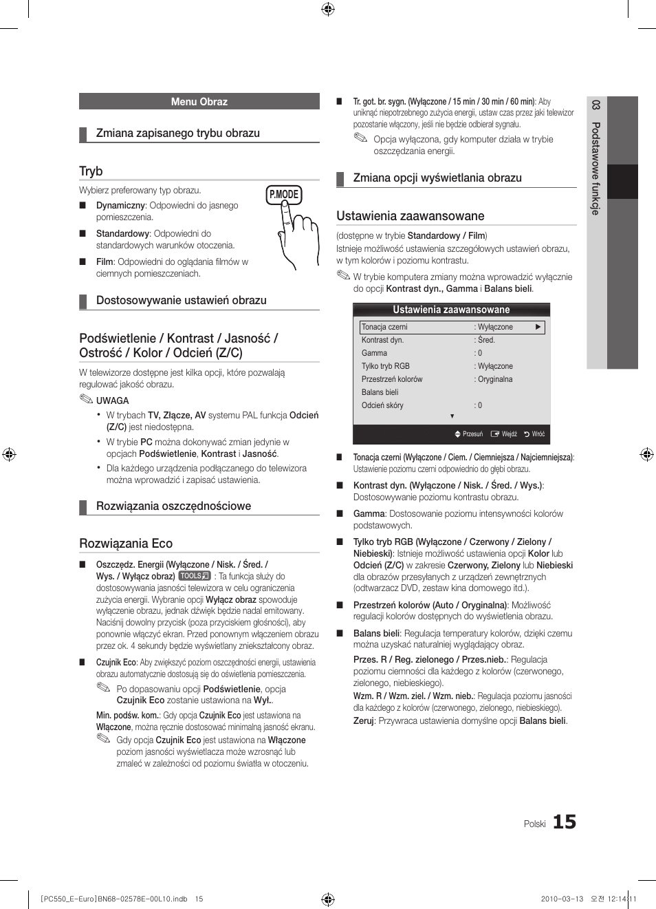 Tryb, Rozwiązania eco, Ustawienia zaawansowane | Samsung PS50C550G1W User Manual | Page 115 / 501