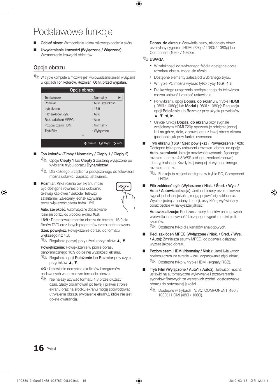 Podstawowe funkcje | Samsung PS50C550G1W User Manual | Page 116 / 501