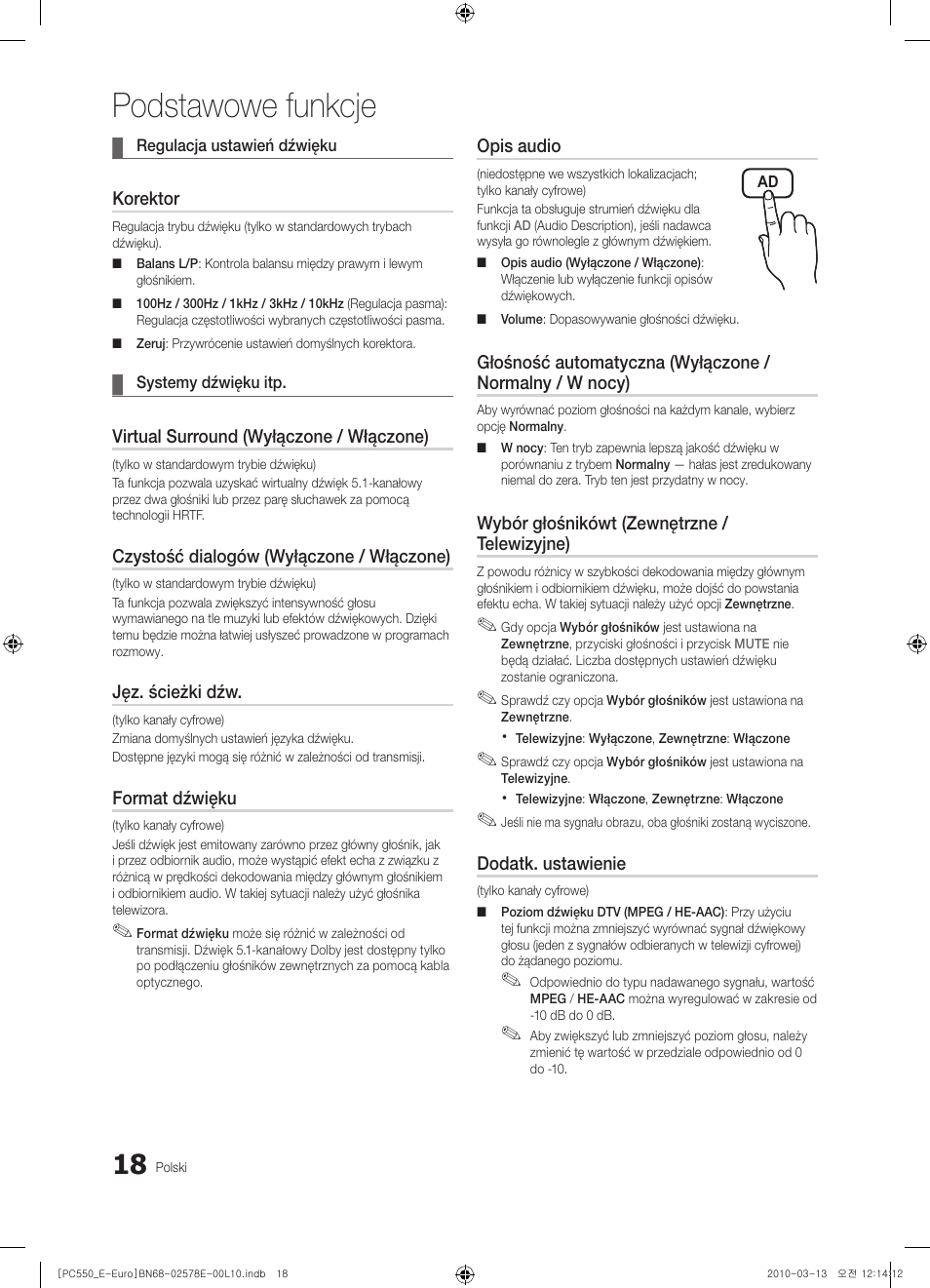 Podstawowe funkcje | Samsung PS50C550G1W User Manual | Page 118 / 501