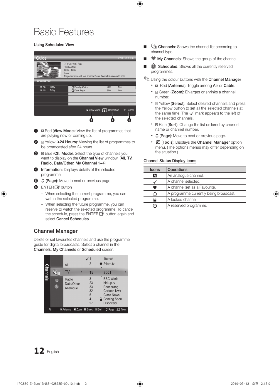 Basic features, Channel manager | Samsung PS50C550G1W User Manual | Page 12 / 501