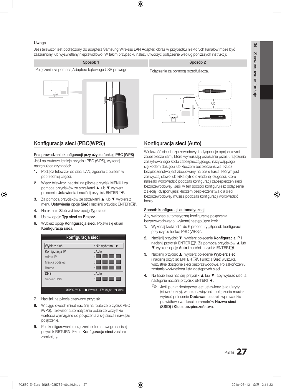 Konfiguracja sieci (pbc(wps)), Konfiguracja sieci (auto) | Samsung PS50C550G1W User Manual | Page 127 / 501