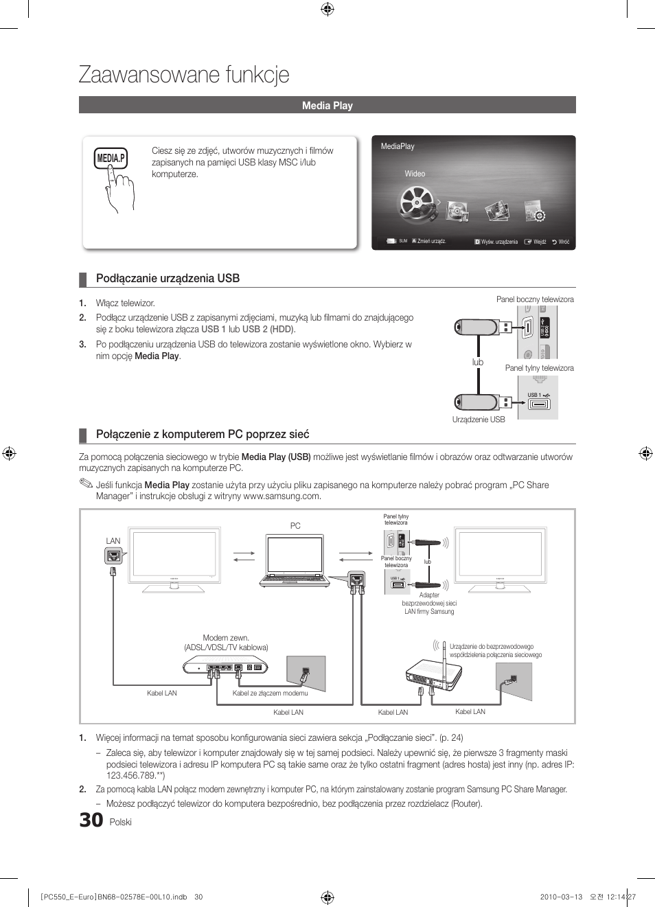 Zaawansowane funkcje, Podłączanie urządzenia usb, Połączenie z komputerem pc poprzez sieć | Media.p | Samsung PS50C550G1W User Manual | Page 130 / 501