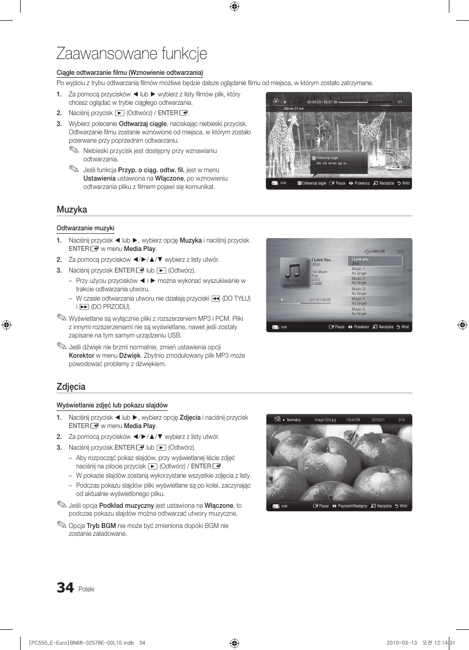 Zaawansowane funkcje, Muzyka, Zdjęcia | Samsung PS50C550G1W User Manual | Page 134 / 501