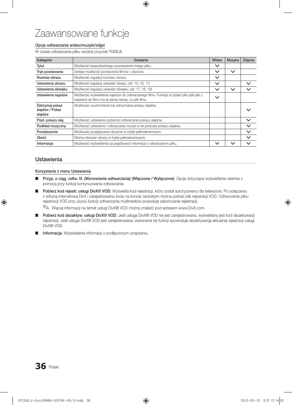 Zaawansowane funkcje, Ustawienia | Samsung PS50C550G1W User Manual | Page 136 / 501