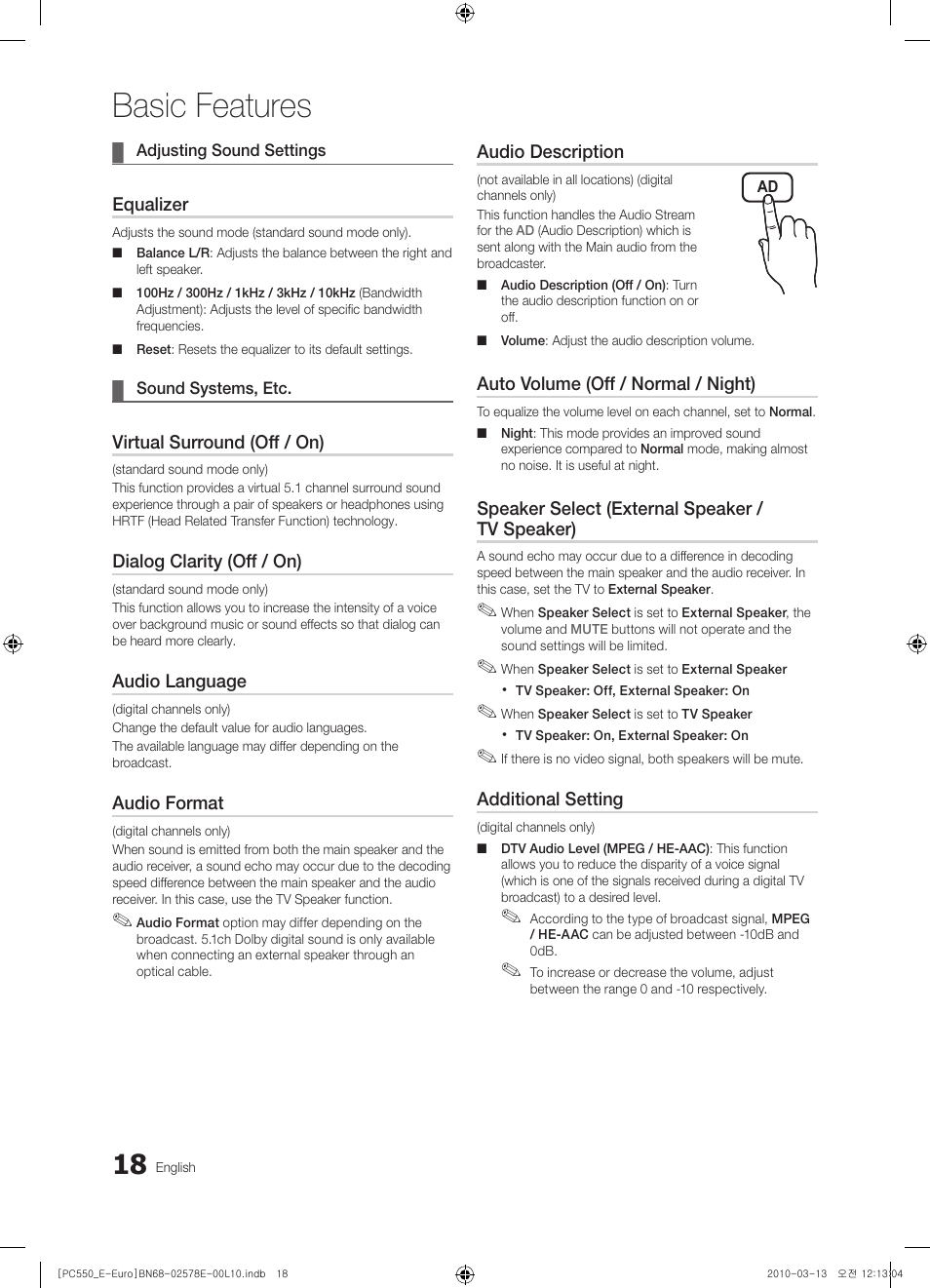 Basic features | Samsung PS50C550G1W User Manual | Page 18 / 501