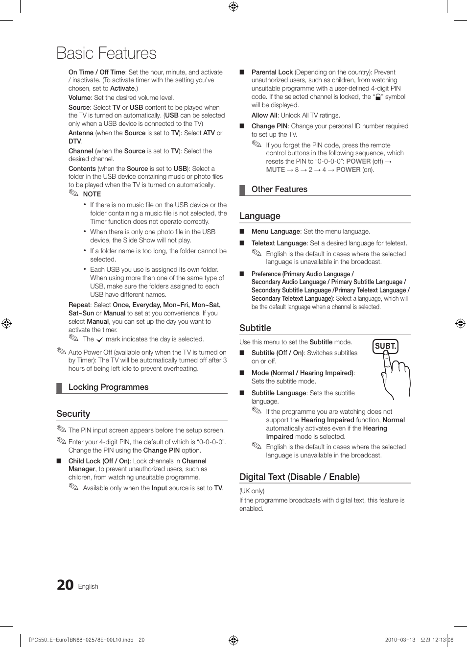 Basic features | Samsung PS50C550G1W User Manual | Page 20 / 501