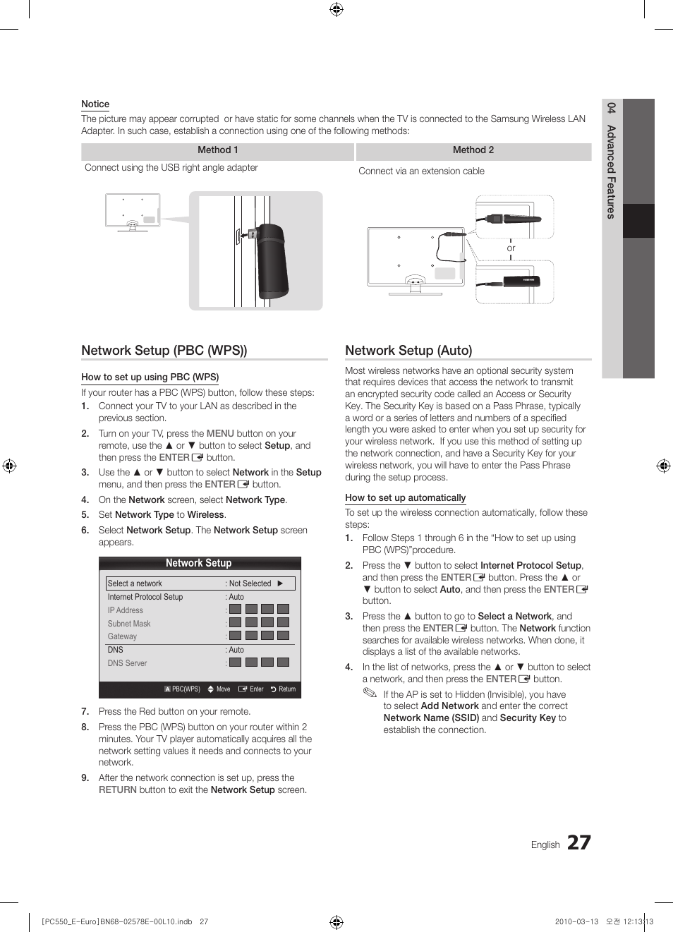 Network setup (pbc (wps)), Network setup (auto) | Samsung PS50C550G1W User Manual | Page 27 / 501