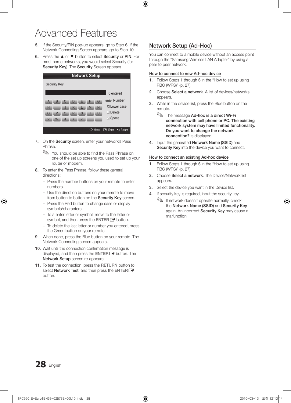 Advanced features, Network setup (ad-hoc) | Samsung PS50C550G1W User Manual | Page 28 / 501