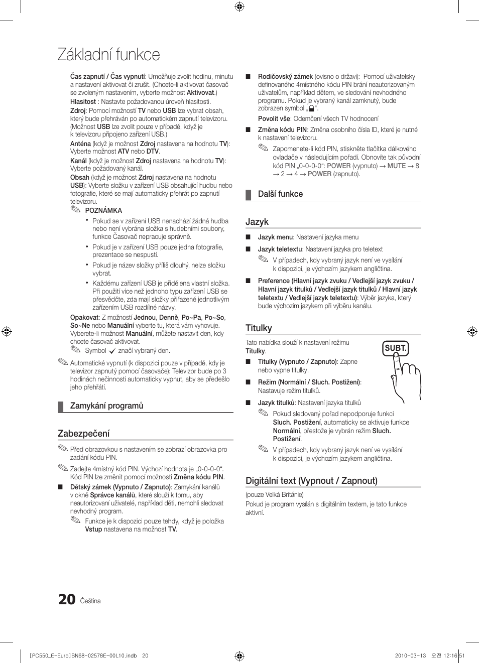 Základní funkce, Zabezpečení, Jazyk | Titulky, Digitální text (vypnout / zapnout) | Samsung PS50C550G1W User Manual | Page 320 / 501