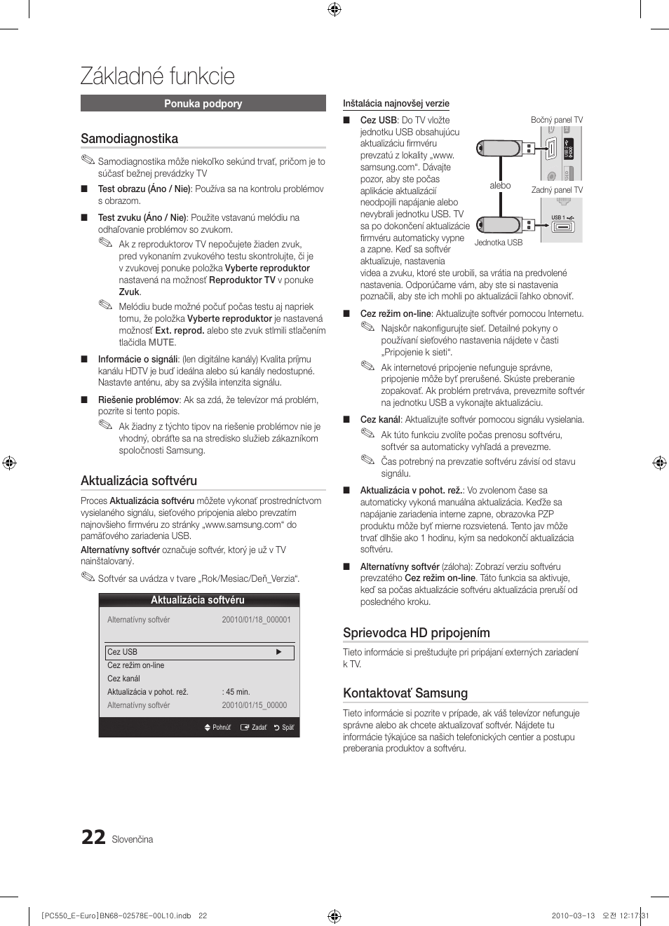 Základné funkcie, Samodiagnostika, Aktualizácia softvéru | Sprievodca hd pripojením, Kontaktovať samsung | Samsung PS50C550G1W User Manual | Page 372 / 501