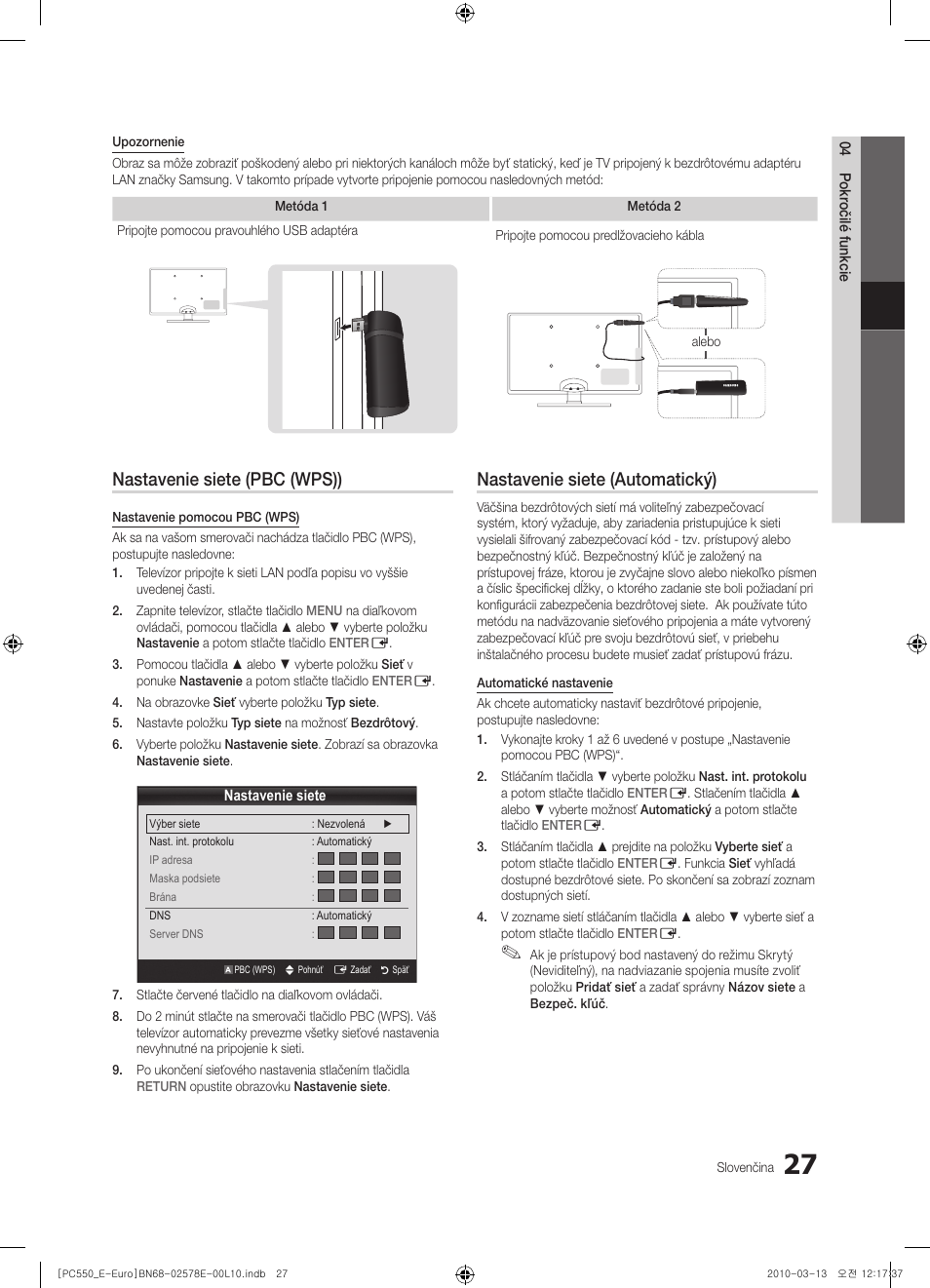 Nastavenie siete (pbc (wps)), Nastavenie siete (automatický) | Samsung PS50C550G1W User Manual | Page 377 / 501